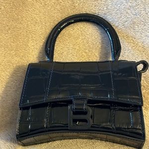 Hourglass Mini Handbag in black shiny crocodile embossed calfskin